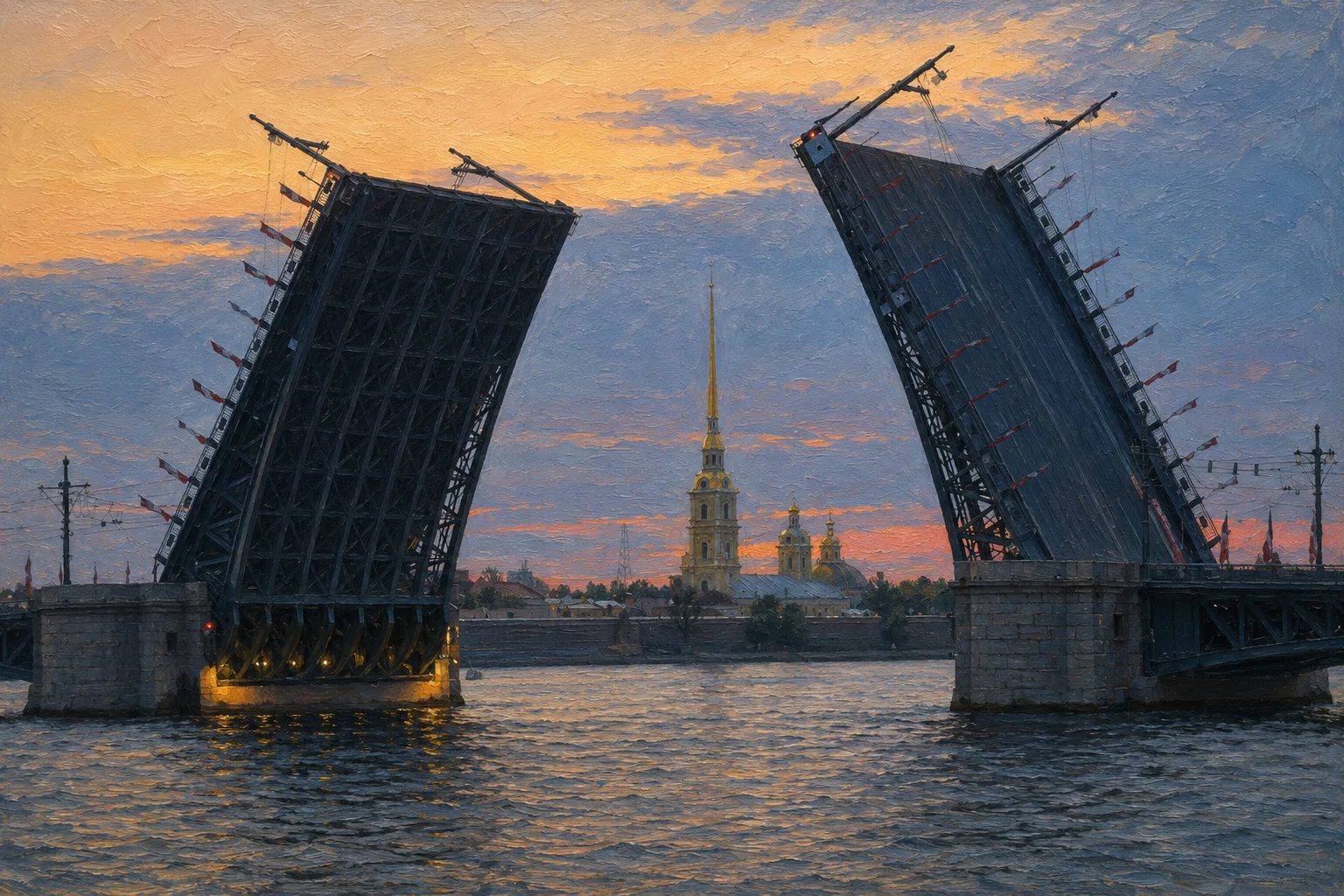 Разведённый Дворцовый мост на фоне Петропавловского собора на закате