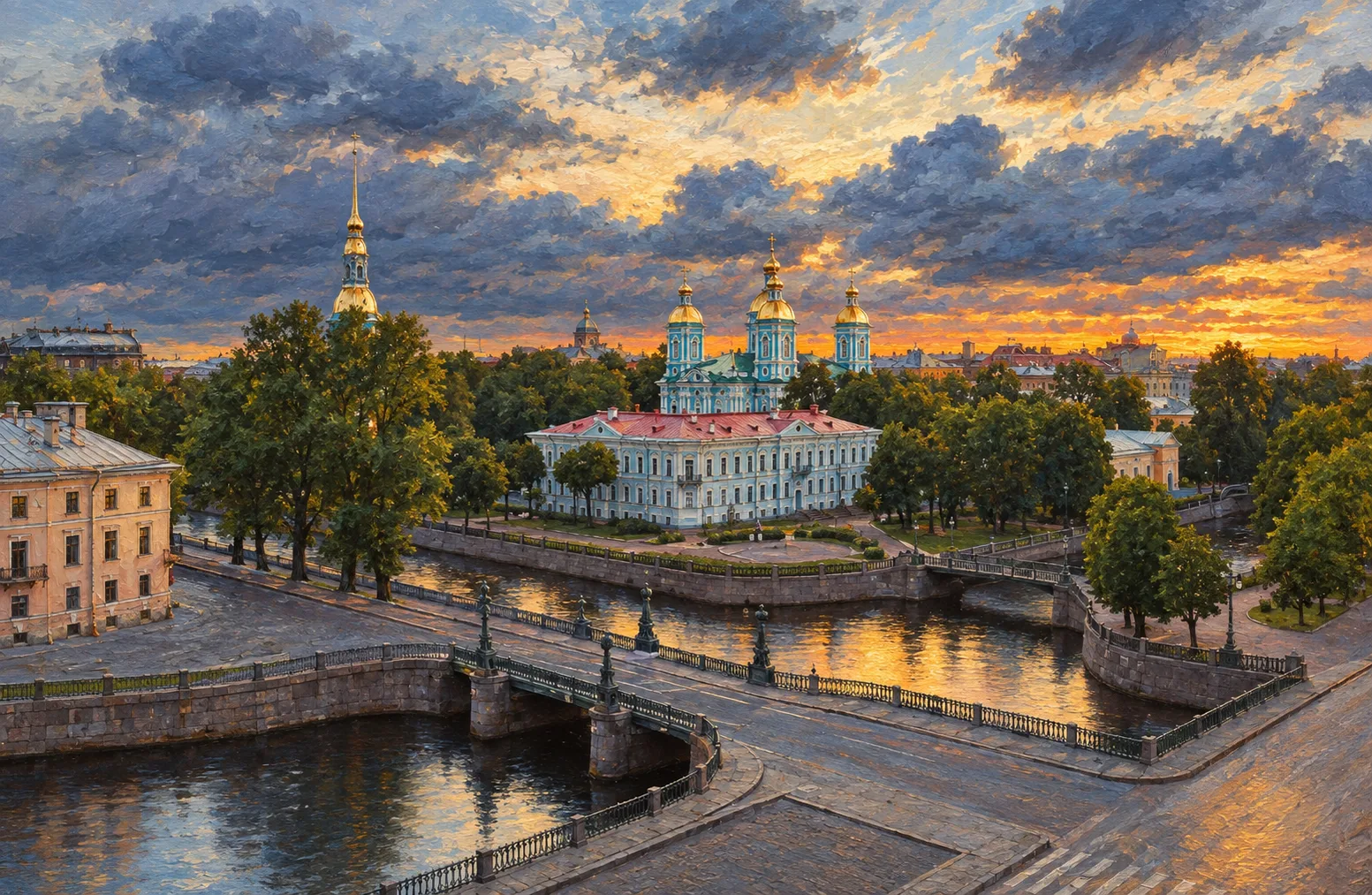 Никольский морской собор и перекрёсток каналов в Коломне на закате