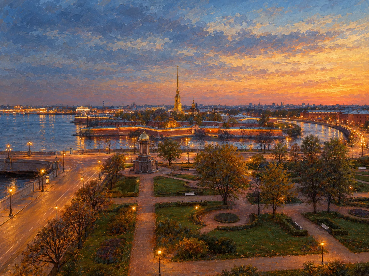 Вечерняя Троицкая площадь и подсвеченная Петропавловская крепость в Санкт-Петербурге